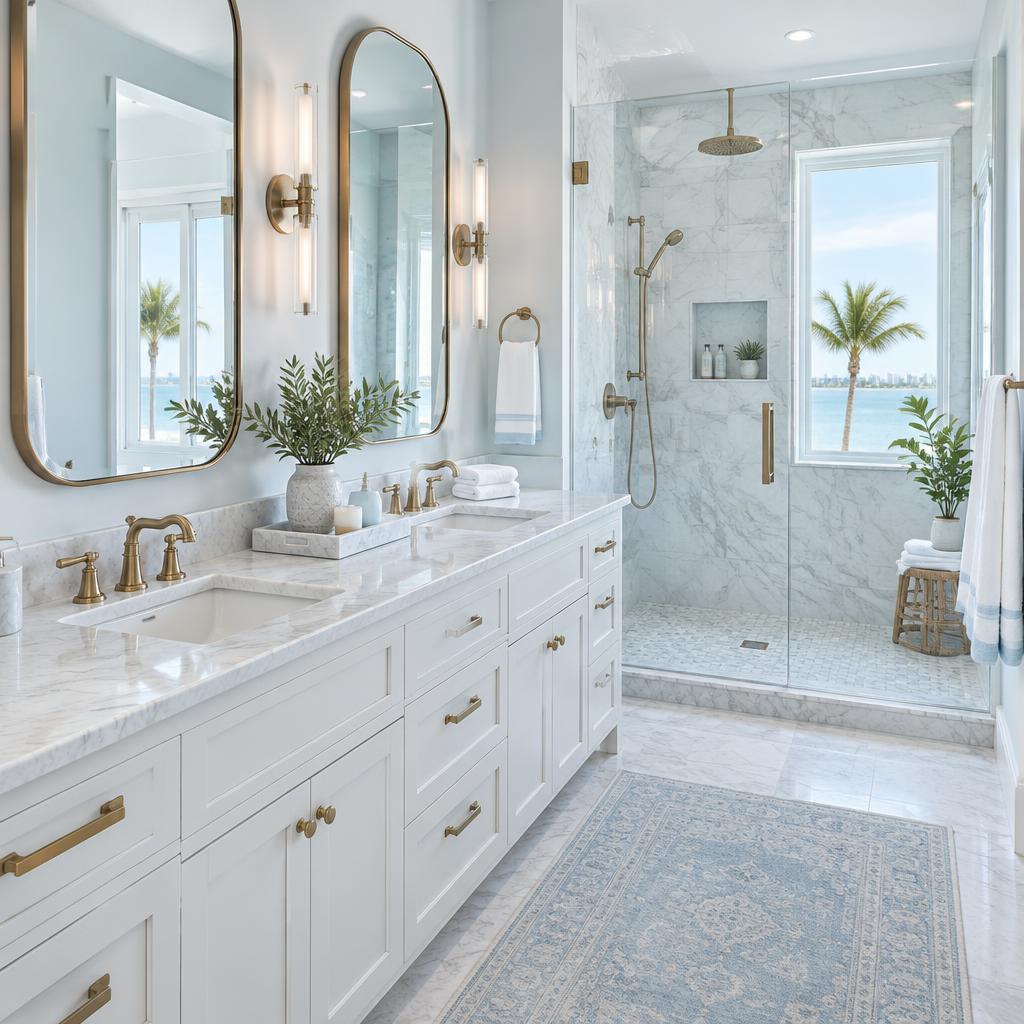 Pristine marble bathroom with neatly folded towels