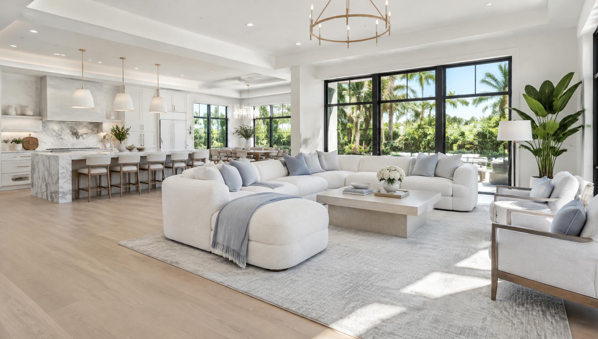 Sunlit, immaculate luxury coastal living room and kitchen